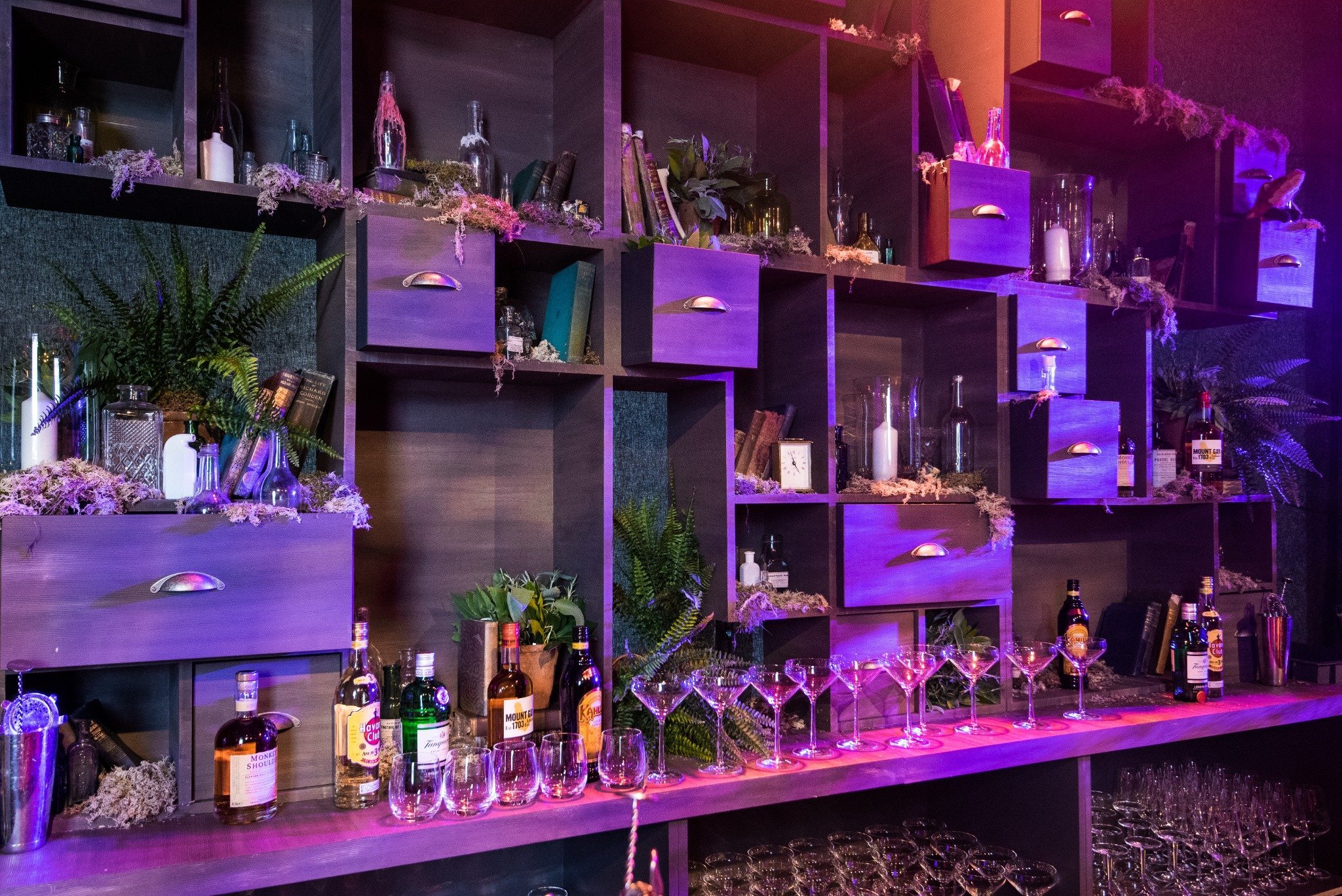 A decorated bar shelf with bottles, glassware, plants, books, and purple lighting accents.