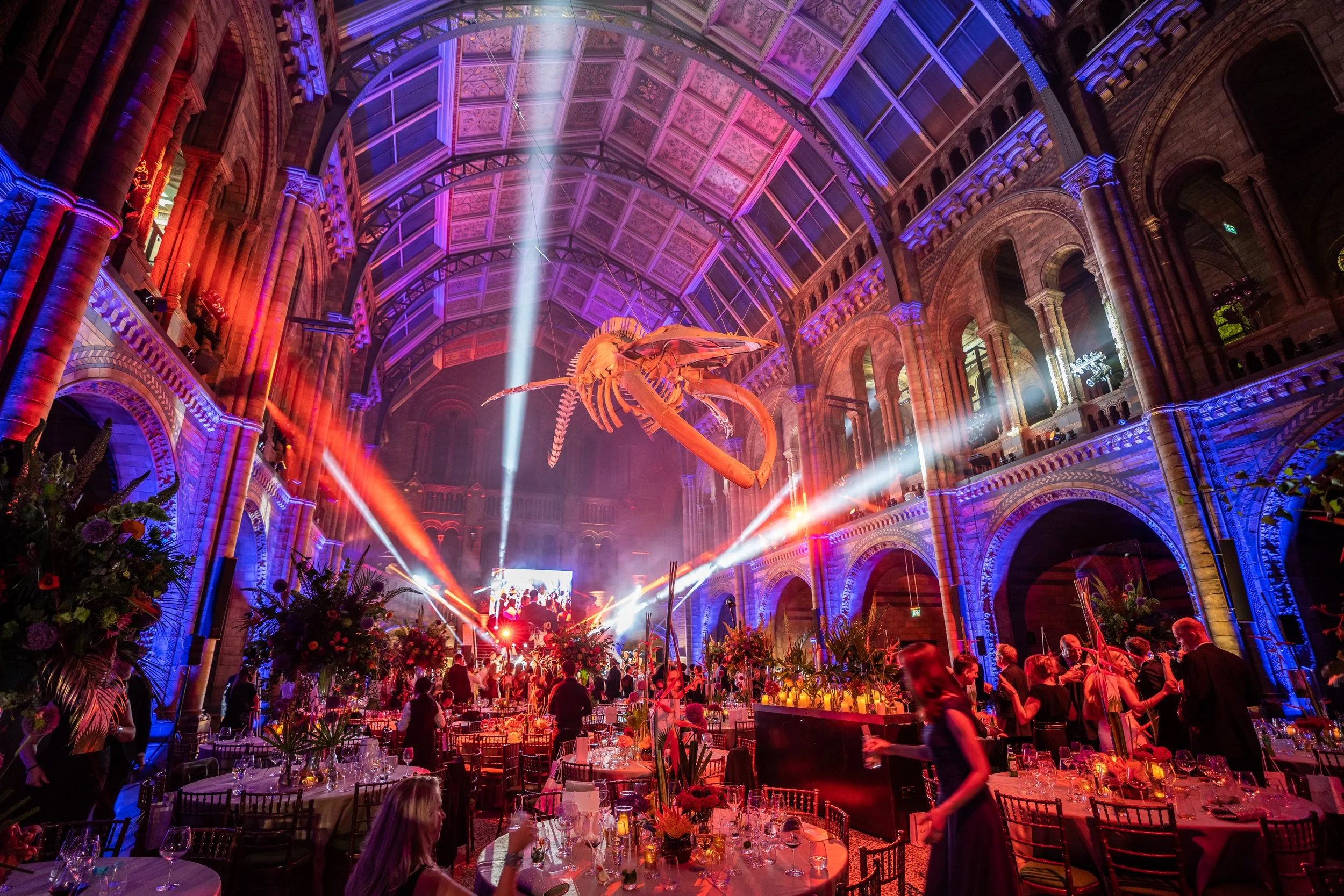 Inside The Natural History Museum with high ornate arched ceilings, vibrant colorful lighting, a large suspended whale skeleton, and tables set for a formal event with guests.