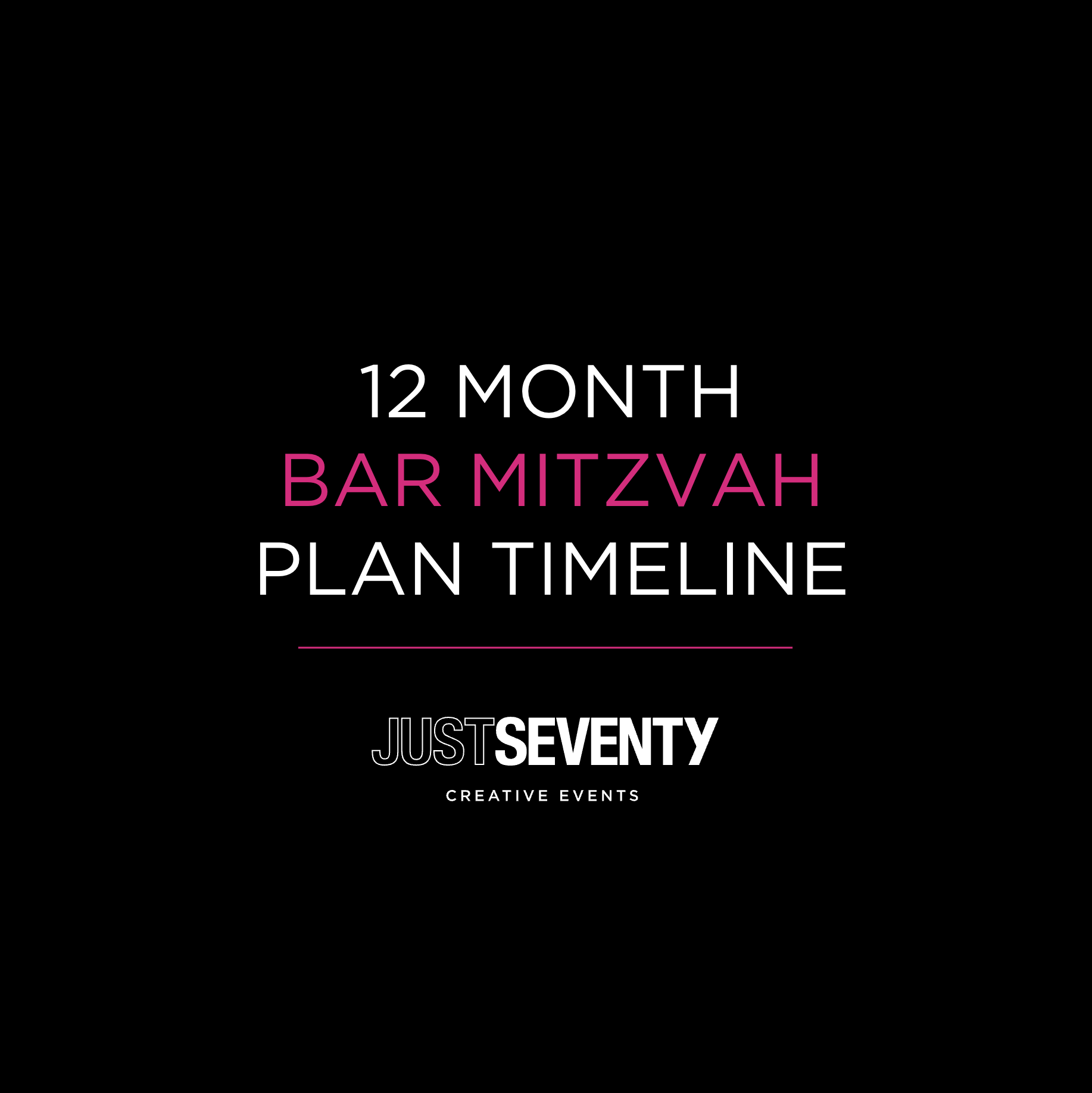 Black background with white and pink text stating "12 MONTH BAR MITZVAH PLAN TIMELINE" and "JUST SEVENTY CREATIVE EVENTS"