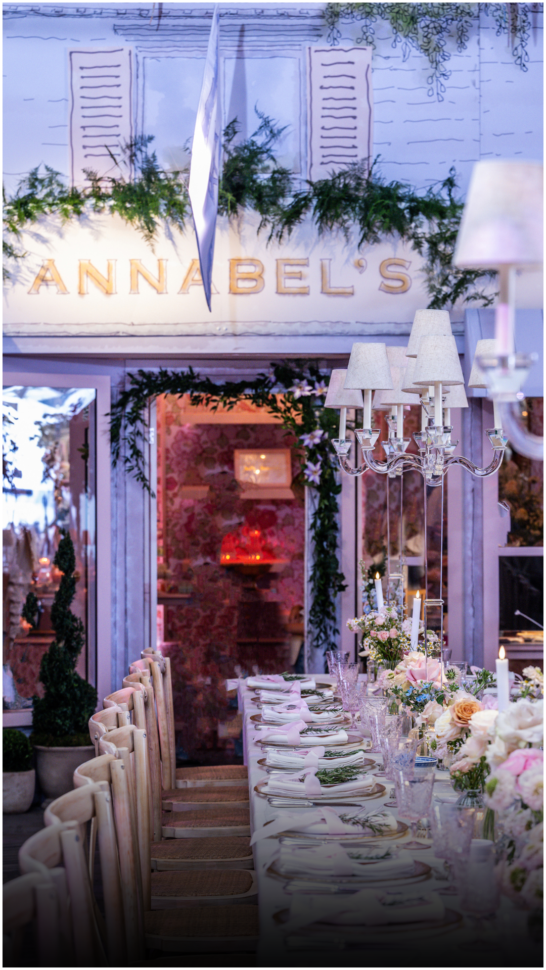 Bat Mitzvah at JW Marriott Grosvenor house  in london where the dining room is transformed by a long table set with flowers, candles, and glassware, decorated for a celebration inspired by the Hamptons