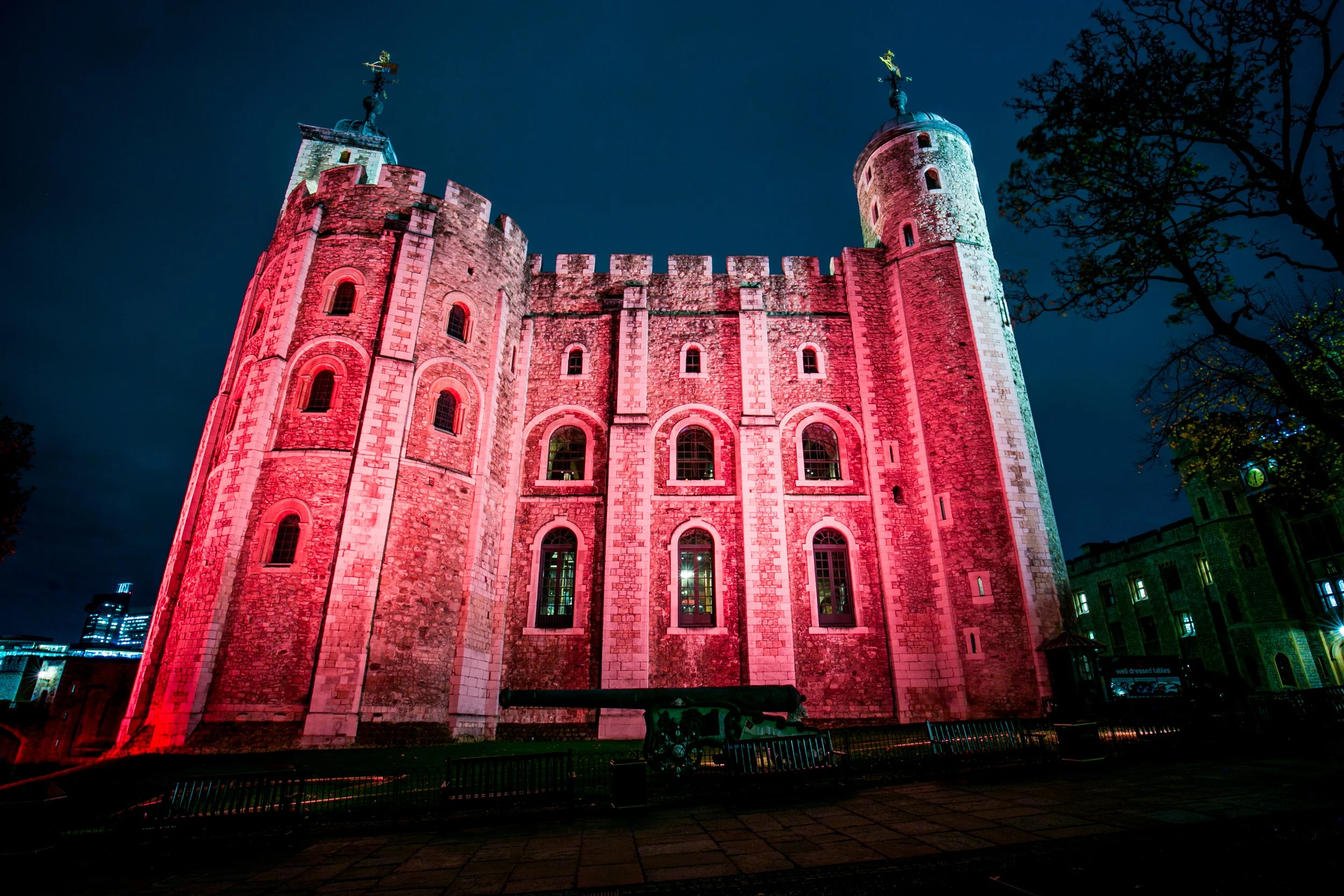 At the Tower of LondonNight view of a historic castle illuminated with pink and green lights, with a dark sky and silhouette of a tree on the right.