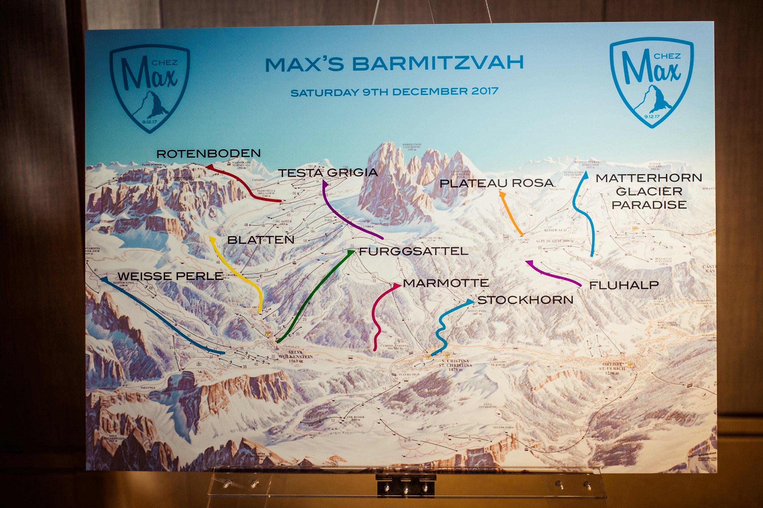 A detailed ski resort trail map of the Dolomites, Italy, with various marked ski routes, mountain names, and elevation details, titled Max's Barmitzvah with dates, January 9th to December 9th, 2017.