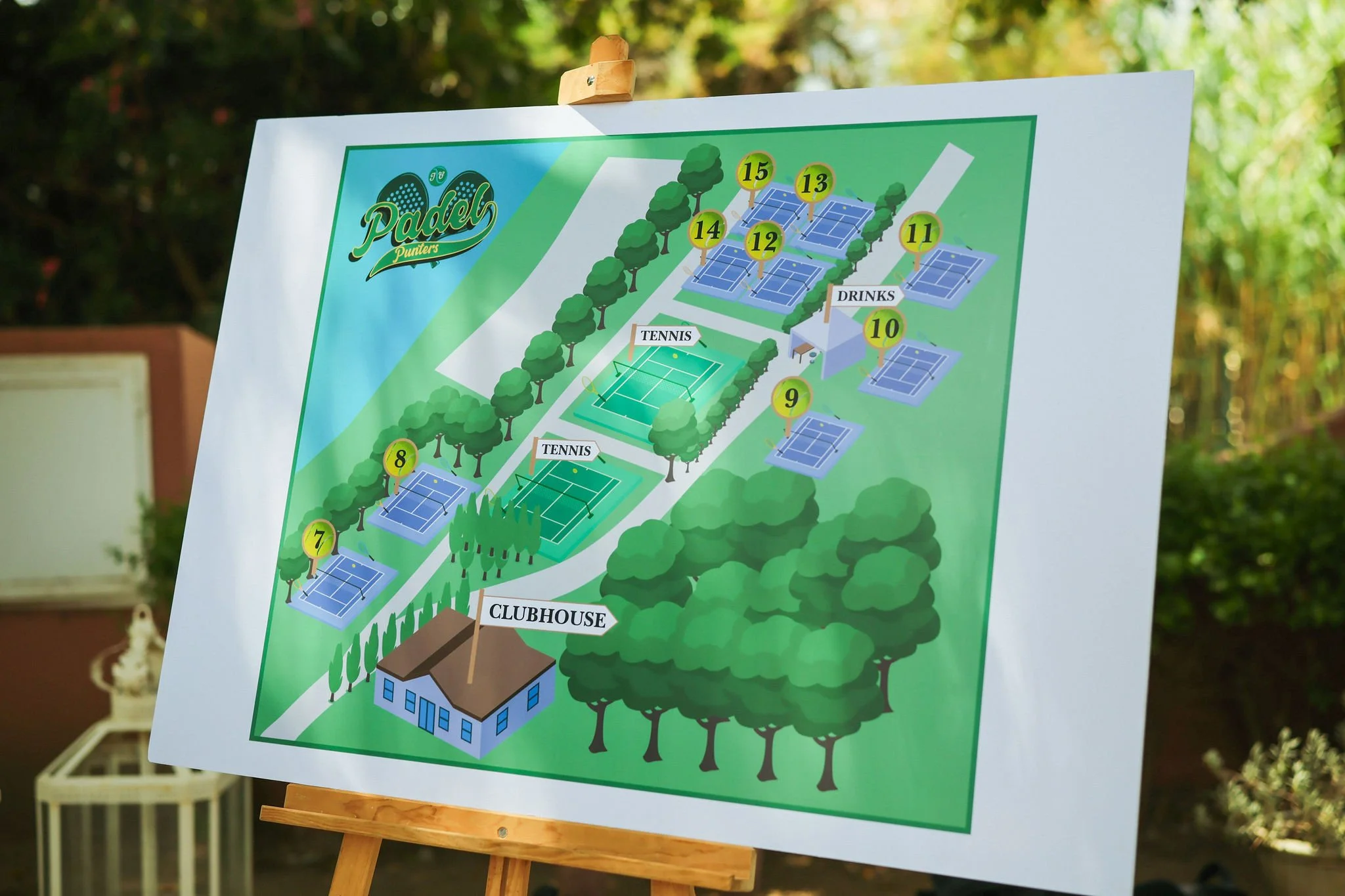 Park map showing tennis courts, a clubhouse, drinks area, and numbered spots for activities, with trees and green spaces around Anantara Villa Padierna Resort in Marbella