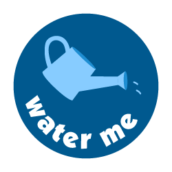 Blue circular badge with a watering can graphic pouring water and the text 'water me' on it.