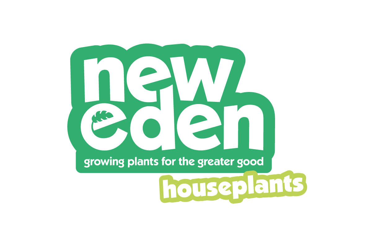 Logo for New Eden Houseplants with green and white text and a small leaf icon, stating 'growing plants for the greater good' and emphasizing houseplants.