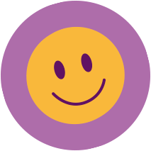 Smiley face with a purple border and yellow face with a happy expression.