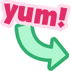 A graphic with the word "yum!" in pink letters above a green arrow forming a curved shape