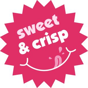 Pink starburst shape with white text that says "sweet & crisp" and a smiling face with a tongue sticking out.
