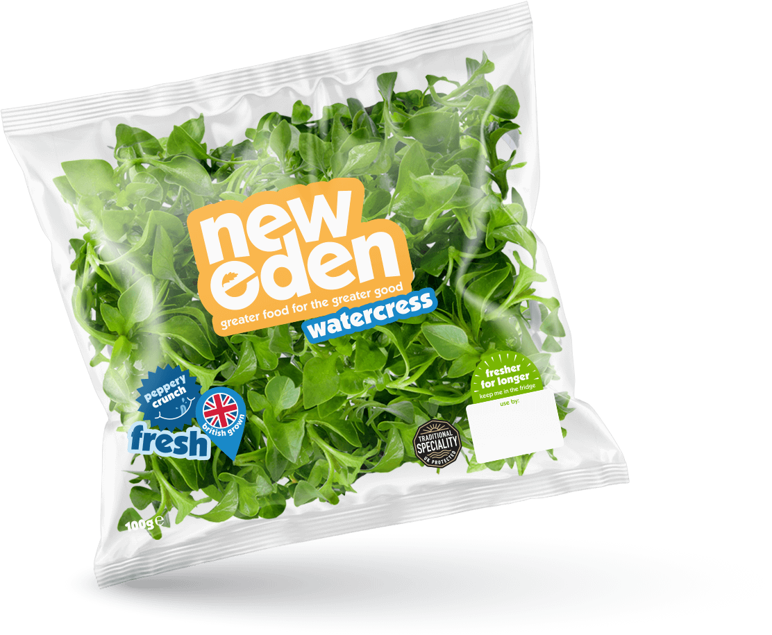 Packaging of new Eden Watercress with fresh green watercress leaves inside, labeled for longer freshness, 100 grams.