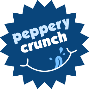 Peperry Crunch logo with a jagged blue background, white and light blue text, and a smiling face with a tongue and water droplets.