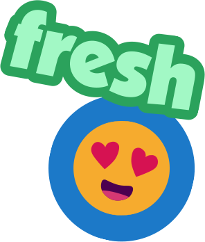 A graphic with the word "fresh" in green text above a smiling face emoji with heart-shaped eyes inside a blue circle.