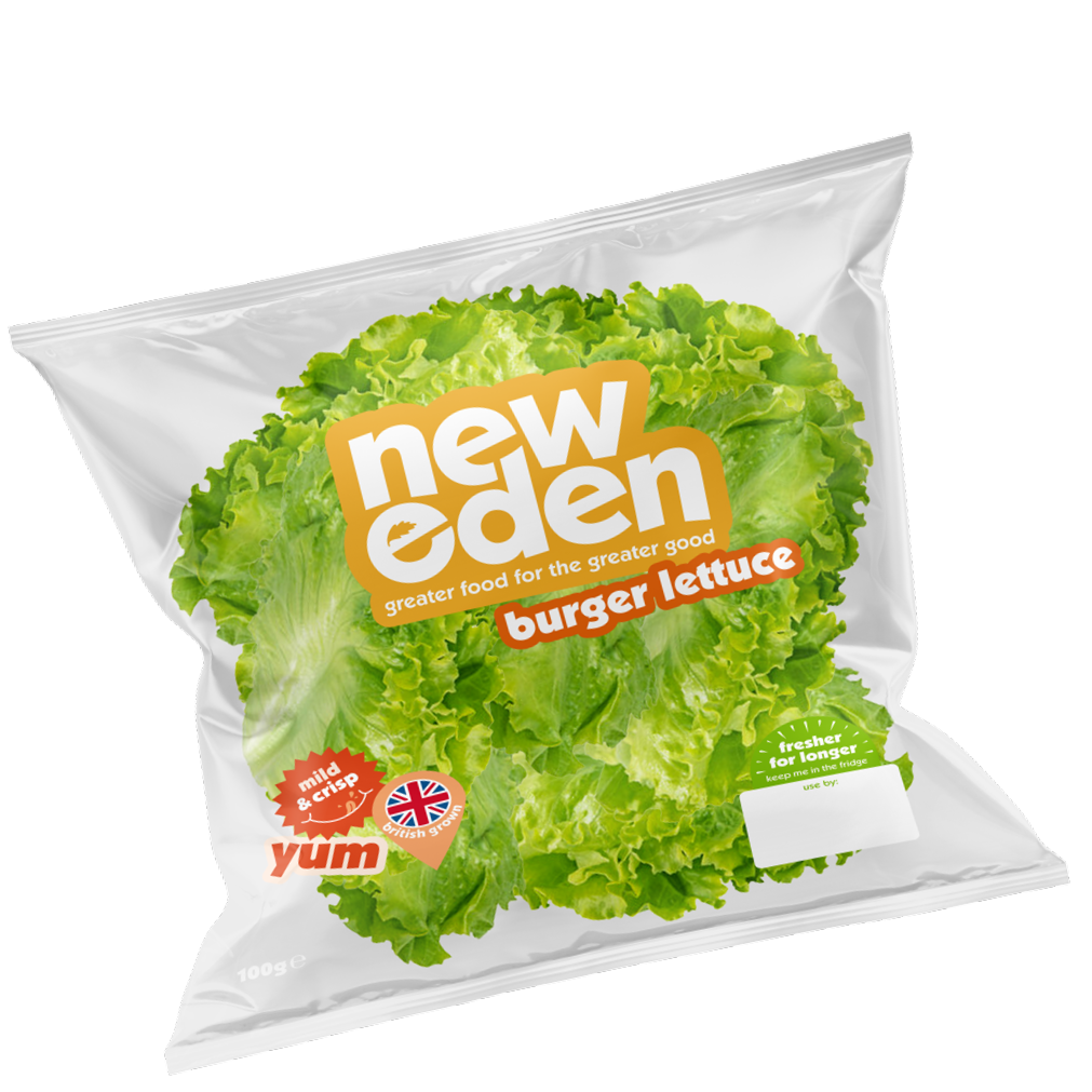 Package of New Eden burger lettuce with fresh green lettuce leaves visible through the clear packaging, with labels indicating it is mild, crisp, and suitable for longer freshness.