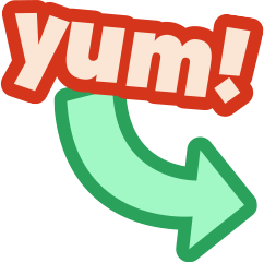 A graphic with the word 'yum!' in bold, orange letters and a green arrow pointing downward.