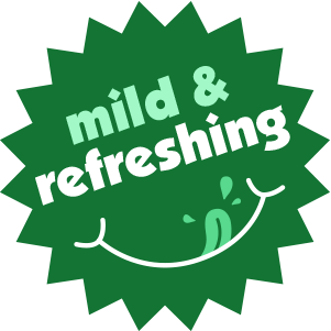 Green starburst with white text saying 'mild & refreshing' and a smiling face graphic with water droplets.