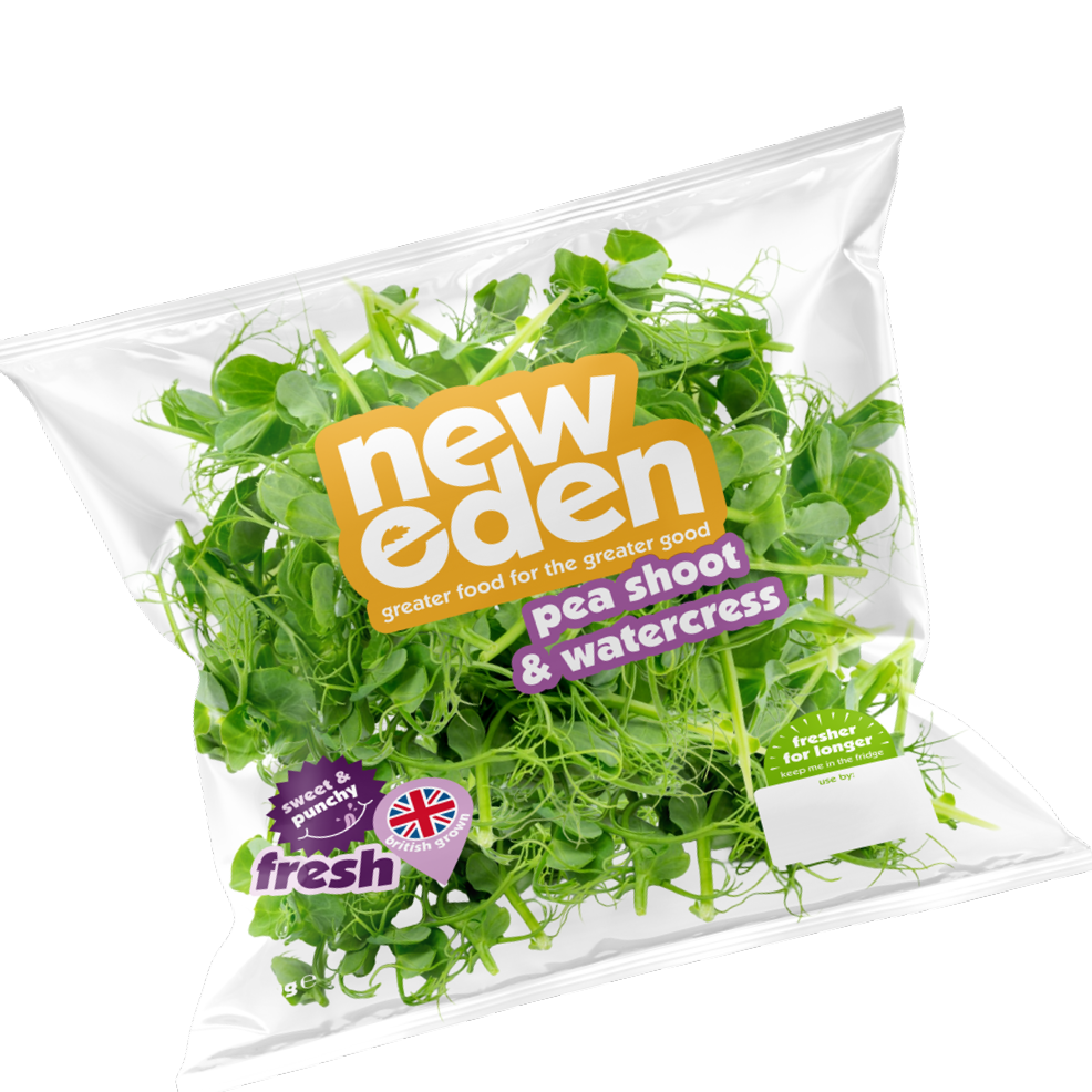 A package of new Eden pea shoot and watercress microgreens with green leaves inside a clear plastic bag.