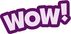 Purple and white text that says "Wow!" with a purple background.