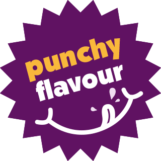 Purple starburst graphic with the words "punchy flavour" and a stylized smiling face with a tongue sticking out.
