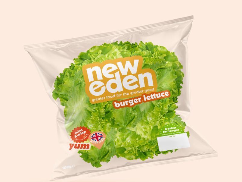 Package of New Eden burger lettuce with fresh green lettuce leaves visible through the clear packaging.