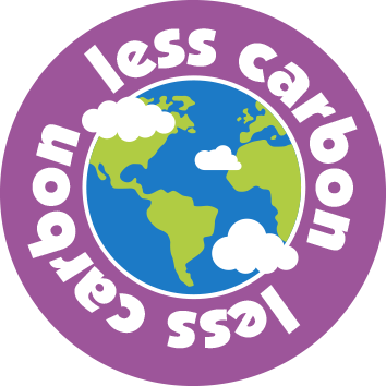 A circular logo with a purple background featuring a globe with green continents and blue oceans, surrounded by white clouds. The slogan 'which means less carbon' is written in white text around the top and bottom of the circle.