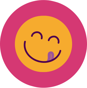 Smiling emoji with tongue out on pink background.