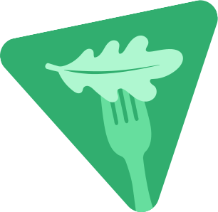 A green triangular sign with a white illustration of a leaf and a fork.