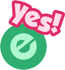 A pink speech bubble with the word "Yes!" in white and a green circle with a crossed-out feather inside.