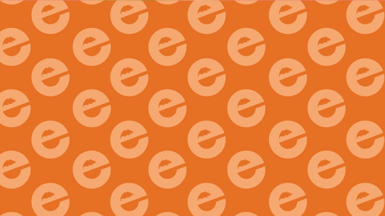 Repeating pattern of orange circles with a white slash and dot, resembling a logo, on an orange background.