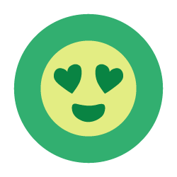 Smiley face emoji with heart-shaped eyes and a wide smile, on a green circular background.