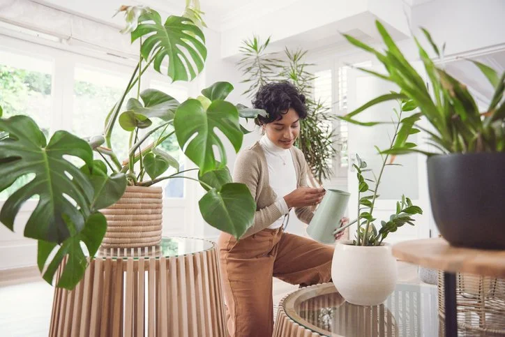 A woman with curly dark hair smiles while holding a white watering can and a small green plant in a white pot, surrounded by large leafy indoor plants in a bright, modern room.