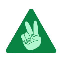 Green triangular sign with white hand making a peace sign