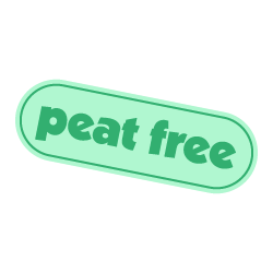 Green label with rounded edges reading 'peat free' in bold letters