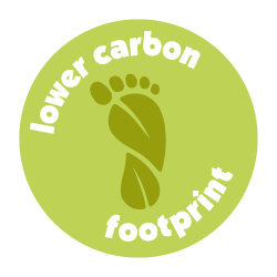 Green circular badge with a footprint and the words 'lower carbon footprint' around it.