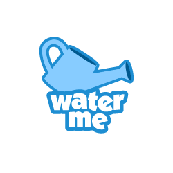 Blue watering can with the words 'water me' underneath.