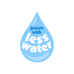 A blue water droplet with the text 'grown with less water' inside.