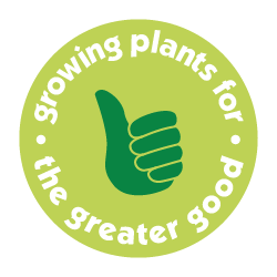 Green circular logo with a thumbs-up icon in the center. Text around the circle reads 'growing plants for the greater good'.