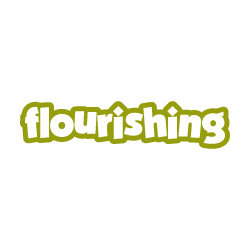 The word 'flourishing' in green and white text with a black background.