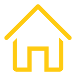 Simple yellow outline drawing of a house with a peaked roof and a door