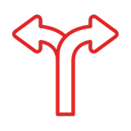 Red neon sign of a Y-shaped arrow pointing left and right