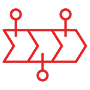 Flowchart diagram with arrows pointing right, connected by circles and lines, in red on a black background.