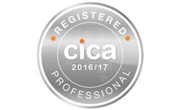 Silver circular badge with 'REGISTERED PROFESSIONAL' text around the top and bottom edges, and the acronym 'cica' with '2016/17' below in the center.
