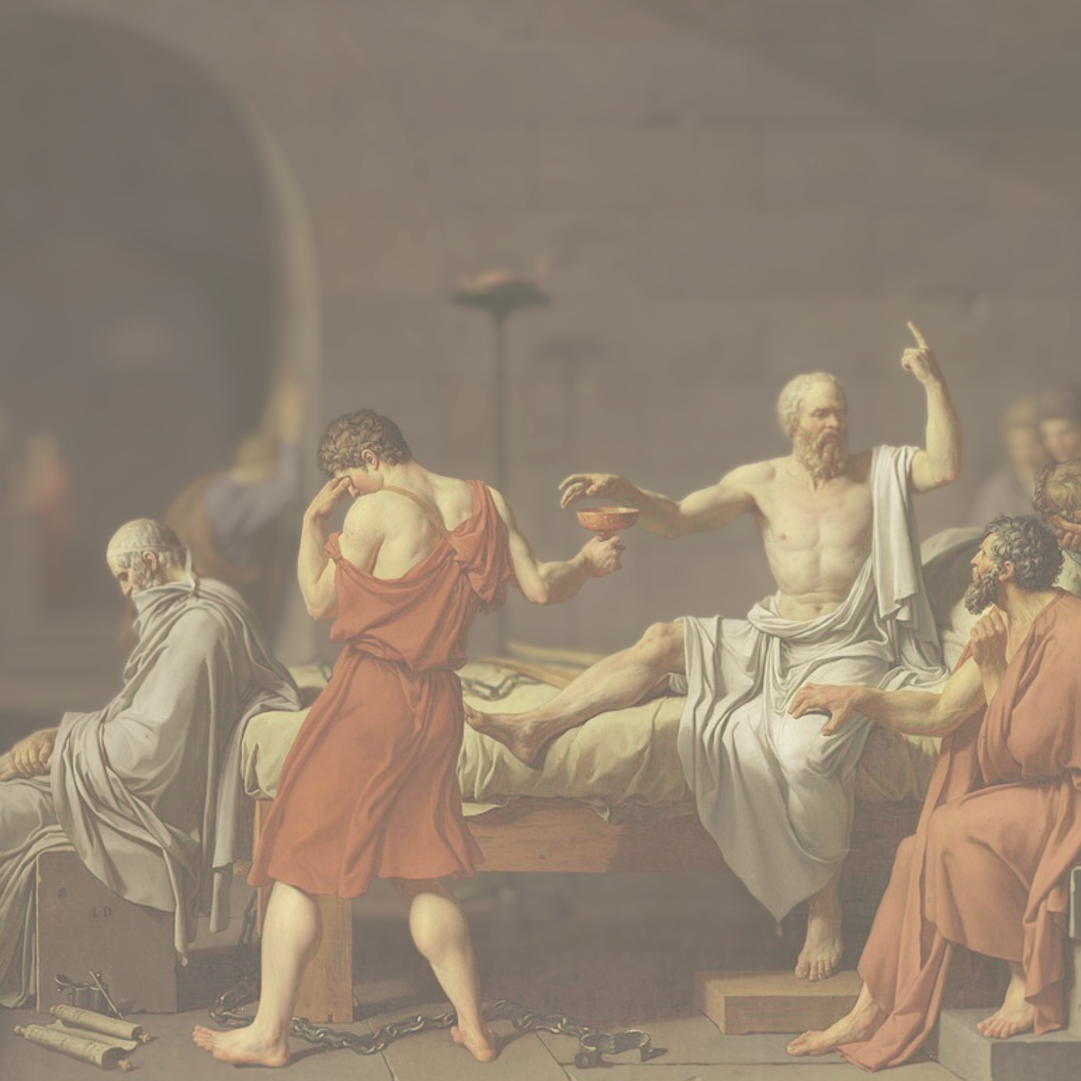 The image depicts a classical painting of a biblical scene with several men gathered around a central figure on a raised platform, some sitting and some standing, displaying gestures and expressions.