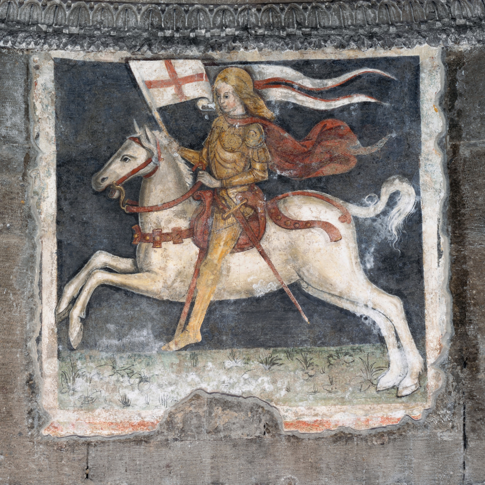 Historical wall painting of a knight in armor riding a white horse, holding a lance and a shield with a cross, with a red cape flowing behind, set against a dark background.