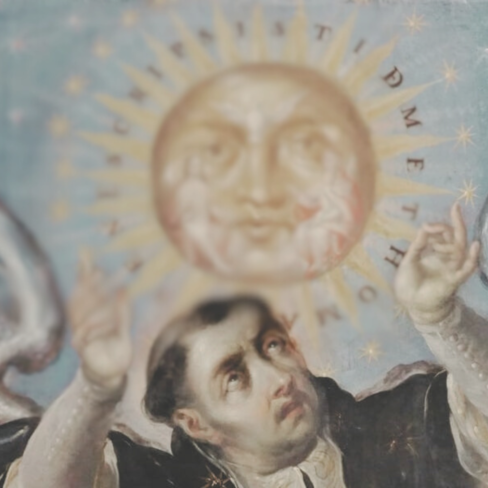 A painting of a saint with a luminous face and a halo, wearing a black robe, with a hand raised in blessing, looking up at the sun with a face, surrounded by a light blue background with golden stars.