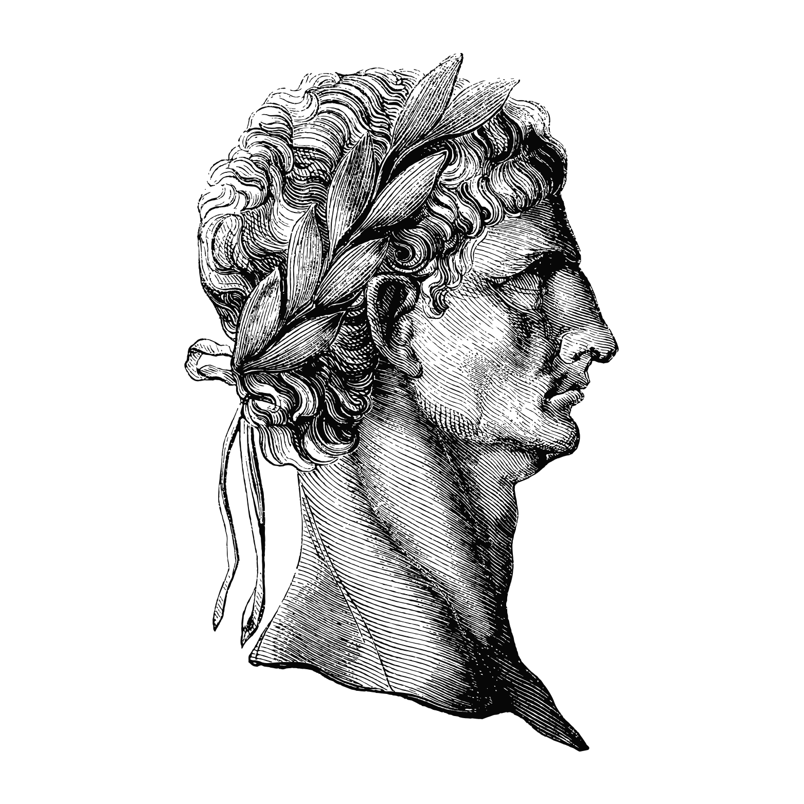 Profile silhouette of a classical statue with a laurel wreath on its head, viewed in profile.