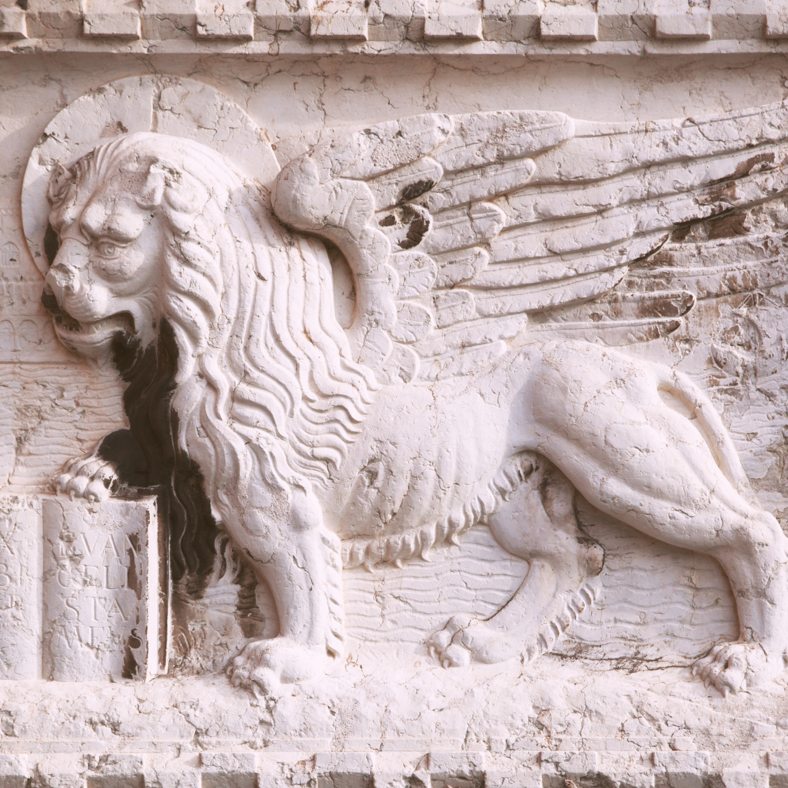 A white stone relief carving of a lion with wings on a brick wall.