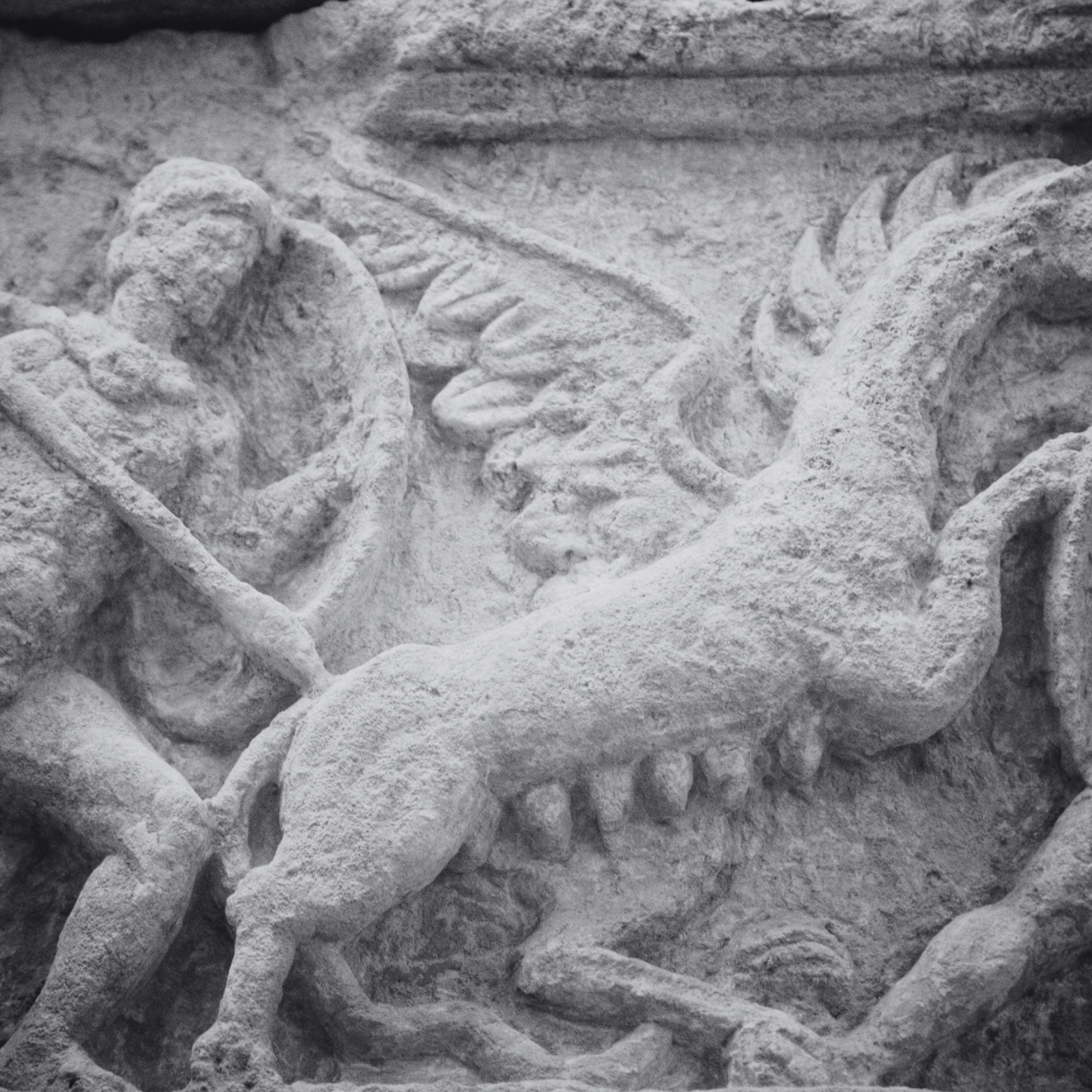 Malta rock carving depicts a dragon or serpent with wings and a head on a textured stone surface.