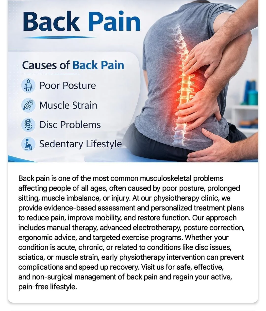 An infographic about back pain causes, featuring a person clutching their lower back with an illustration of a spine highlighted in red. Contains text listing causes such as poor posture, muscle strain, disc problems, and sedentary lifestyle.