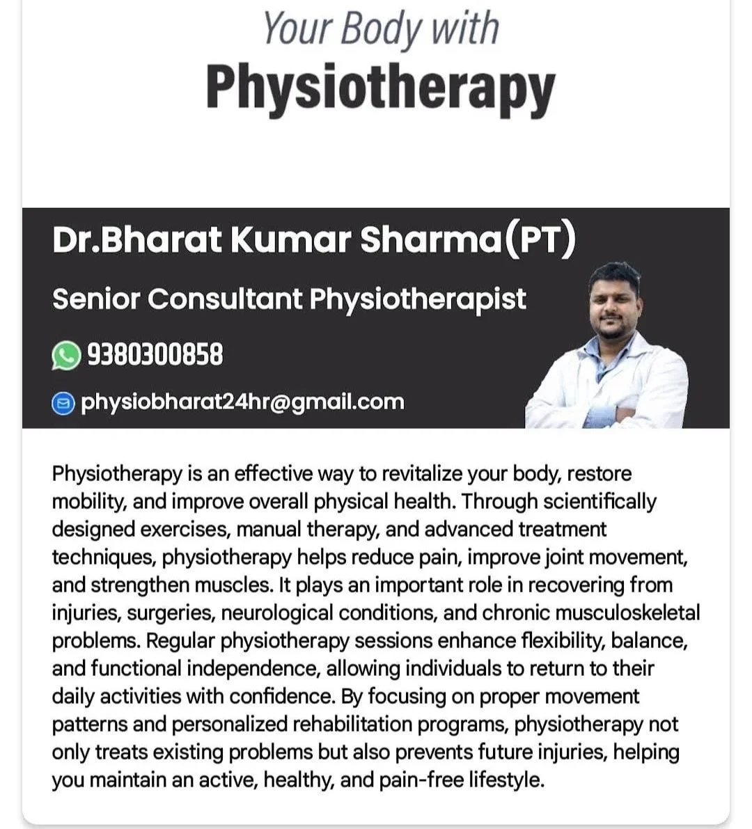 Business card for Dr. Bharat Kumar Sharma, a senior physiotherapy consultant, with contact details and an image of Dr. Sharma.