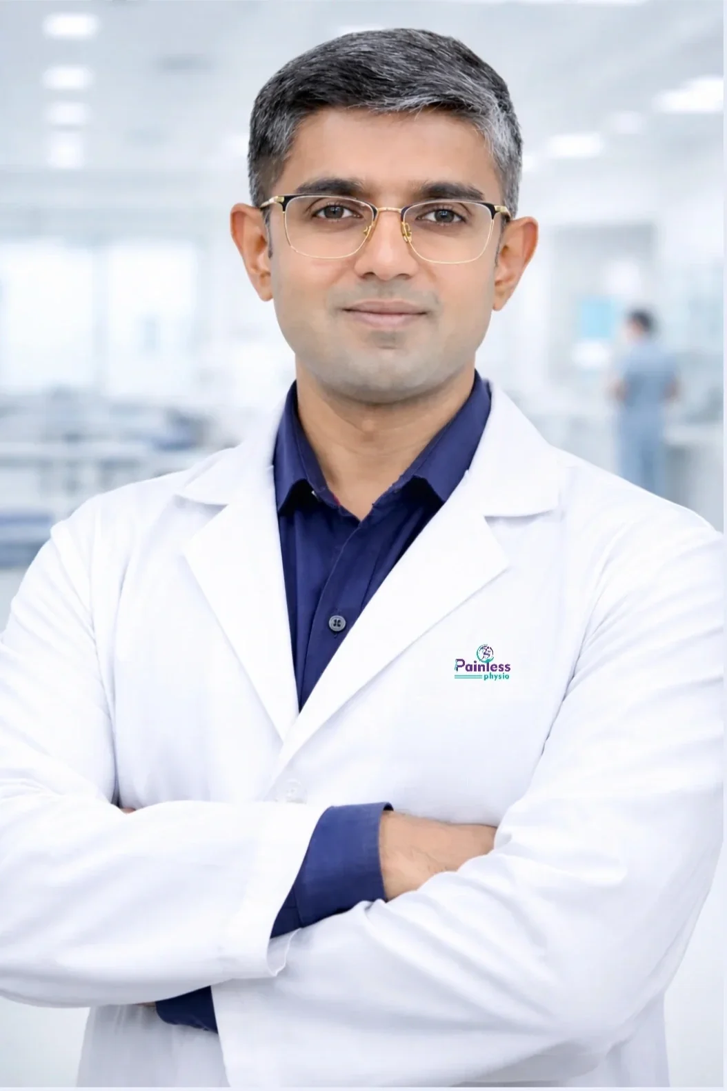 A male doctor wearing glasses, a dark blue shirt, and a white lab coat with a 'Painless Physio' logo, standing with arms crossed in a bright medical facility.