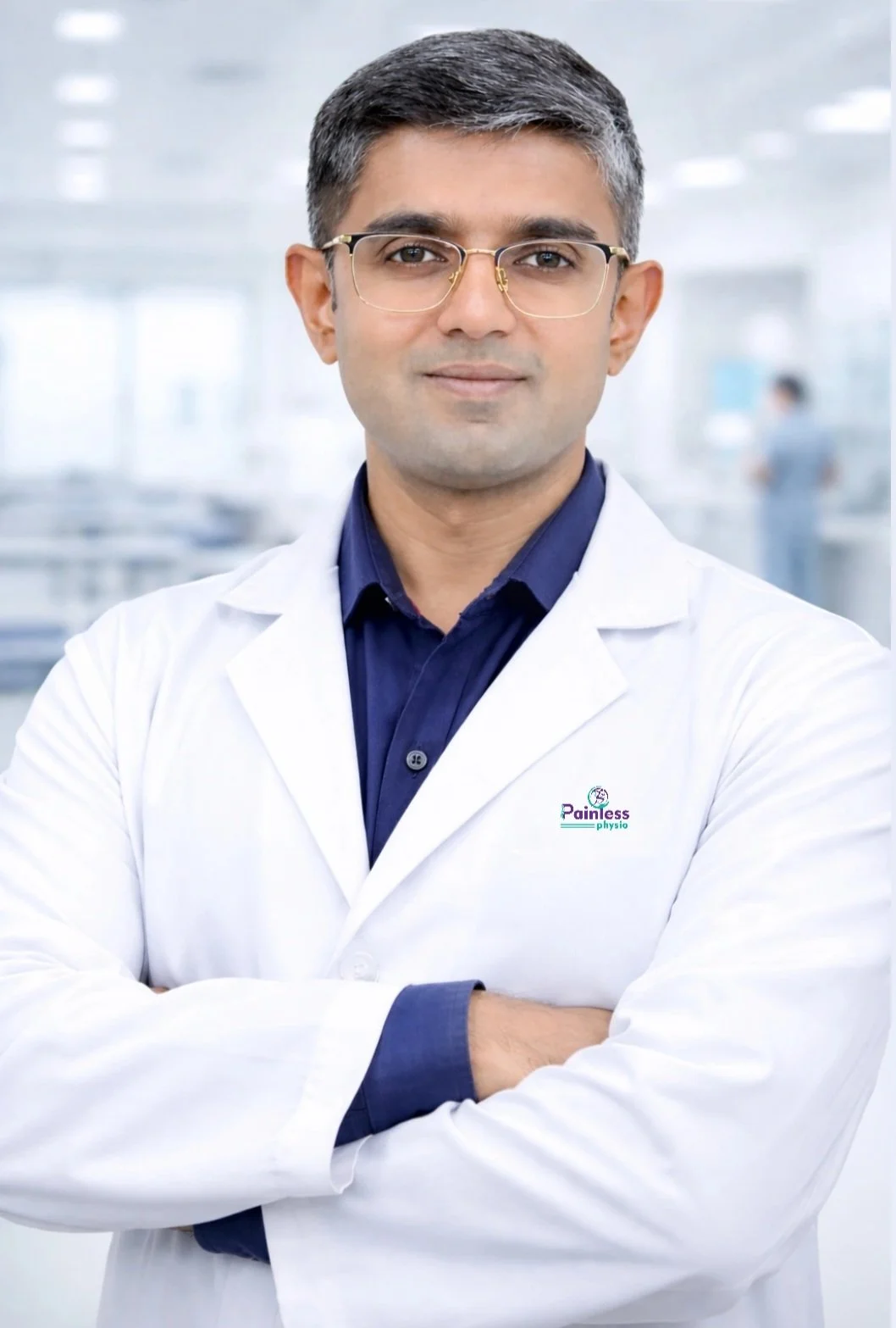 A man wearing glasses and a white lab coat with the logo 'Painless Physio' on it, standing confidently in a professional medical environment.
